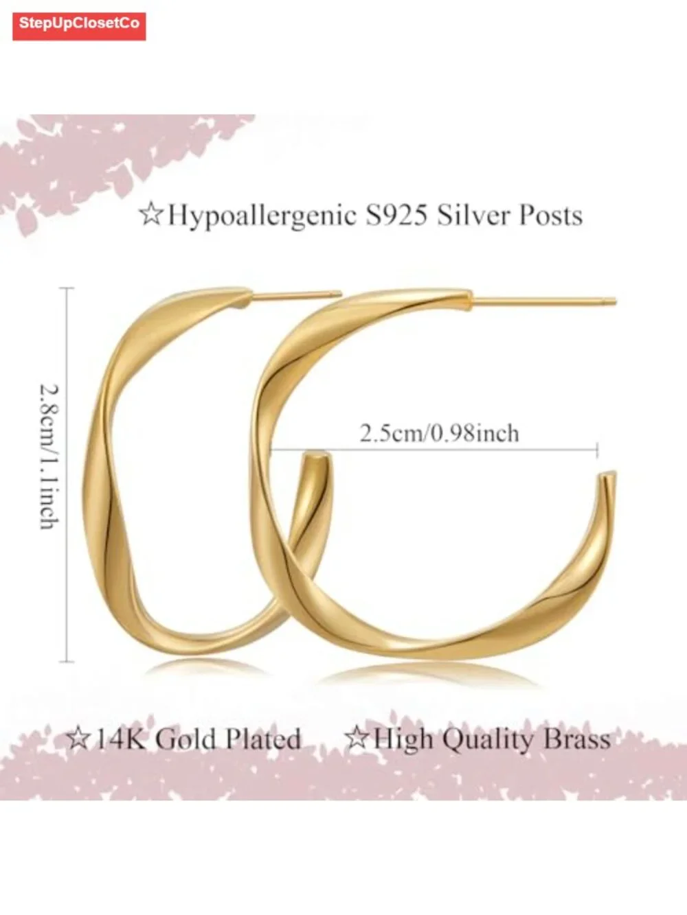14K Gold Plated Twisted Hoop Earrings for Women Hypoallergenic Jewelry